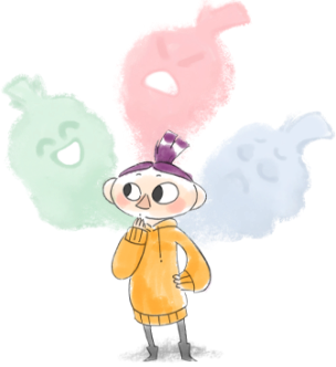 Eine nachdenkende Person mit drei illustrierten Stimmungen im Hintergrund.